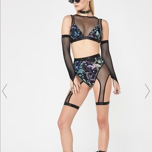 Reflective biker shorts and fishnet top